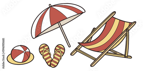 Beach vacation objects including a deckchair, umbrella, hat and beach ball