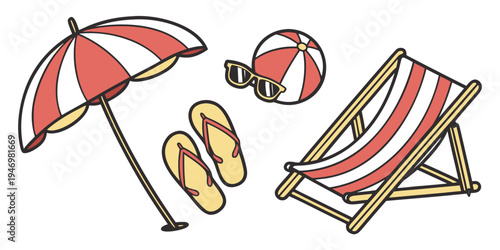 A colorful cartoon illustration of a beach scene with a red and white striped umbrella, flip flops, sunglasses, beach ball, and deck chair