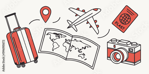A set of travel related icons including a suitcase, airplane, map, camera, and passport on a for planning a trip