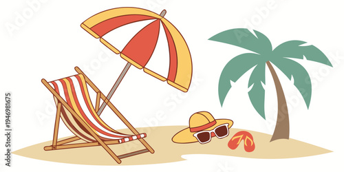 A beach scene with a deck chair, umbrella, palm tree, hat, sunglasses, and flip flops on a sandy shore