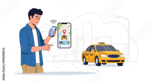 Man Using Phone Near Taxi.