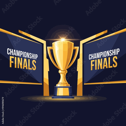 Iconic Golden Trophy with Championship Finals Text Flanking a Dark Blue Background Design