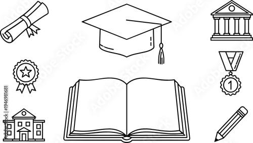 Education line icons set with graduation cap diploma open book university building medal and pencil academic learning outline vector illustration