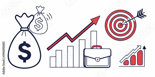Business finance and investment concept with money bag, target, and growth charts