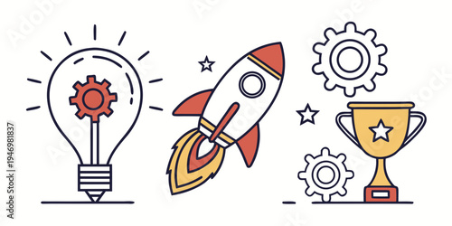 Innovative business concept with light bulb rocket and trophy