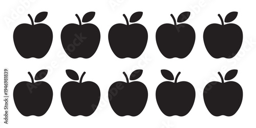 Black apple silhouettes set on white background for health food logo design and simple fruit vector icons