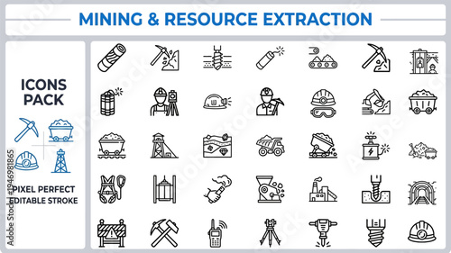 Mining and Resource Extraction Outline Vector Icon Set — Heavy Industry and Excavation Editable Stroke Icons for Web and App UI