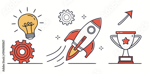 A colorful illustration of a rocket ship launching near a trophy and lightbulb with gear icons