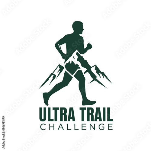 Iconic Silhouette of Runner Conquering Mountains: Ultra Trail Challenge Branding Concept