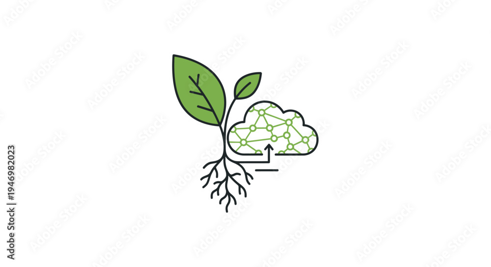 Fototapeta premium Green plant with cloud icon roots.