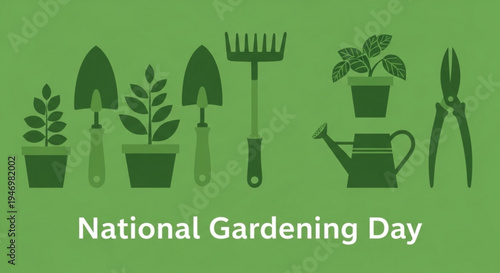National gardening day illustration with green gardening tools and plants