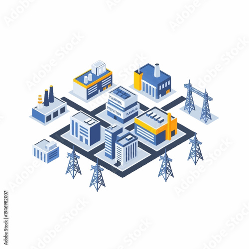 Isometric Smart City with Industrial Buildings and Power Grid.