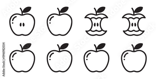 Apple line icons set featuring whole fruit halves and bitten core symbols for education and food branding
