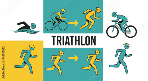 Illustrated Depiction Of Triathlon Athletes in Action Performing Swim Bike And Run Sports