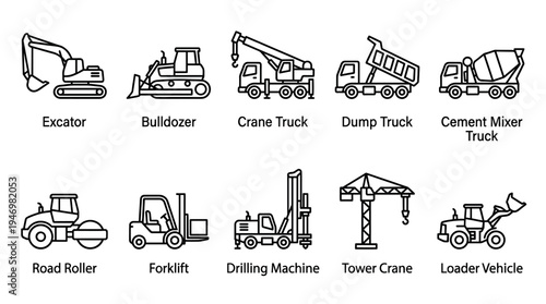 A clean line art illustration featuring a collection of construction vehicles like excavators, bulldozers, and cranes on a white background.