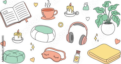 Cozy self care relaxation elements set with book tea candle headphones pillow blanket and houseplant calm lifestyle flat vector illustration