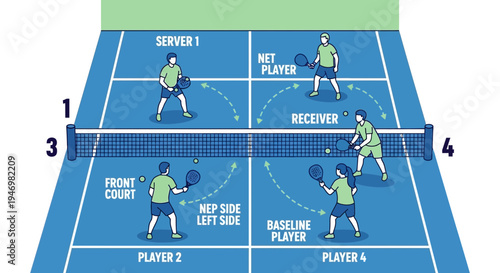 Illustrated Gameplay Diagram Of A Paddle Tennis Match Showing Player Positions And Movement