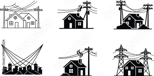 Electrical power distribution illustrations, residential houses with utility poles, urban cityscape with power lines, high voltage transmission towers, energy infrastructure vector art