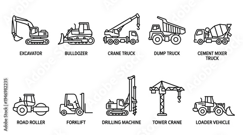 A clean line art illustration showcasing various heavy construction vehicles like excavators, bulldozers, and cranes against a white background.