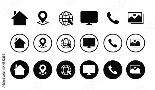 Universal contact and navigation icons: home, location pin, global web, computer, telephone, and images. Modern black and white silhouette symbols for corporate identity and web design.