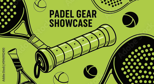 Illustrated Padel Gear Showcase on a Vibrant Green Background Displaying Equipment