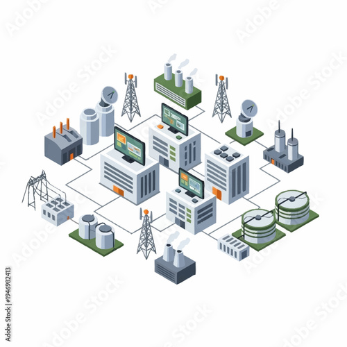 Isometric Smart Grid Network with Industrial and Energy Infrastructure.