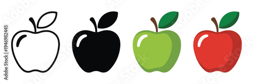Apple fruit icon set. outline, black, green and red apple vector icon collection for website or app
