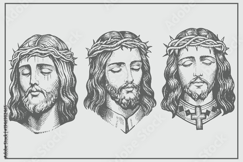 Trendy realistic Vintage Jesus with crown illustration. engraving style Jesus, crown vector. 