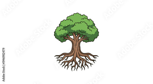 Tree with Roots and Green Leaves.