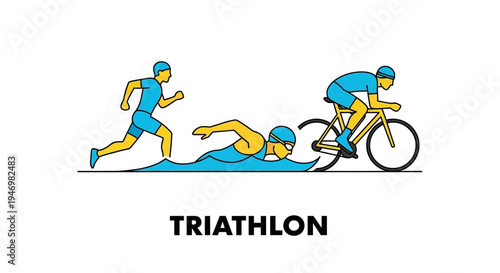 Illustrated Depiction of Triathlon Athletes Engaging in Running, Swimming, and Cycling Competition