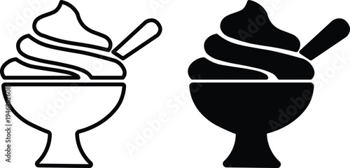 Black and white outline and silhouette icons of a dessert cup with soft serve ice cream and a spoon, representing a sweet treat.