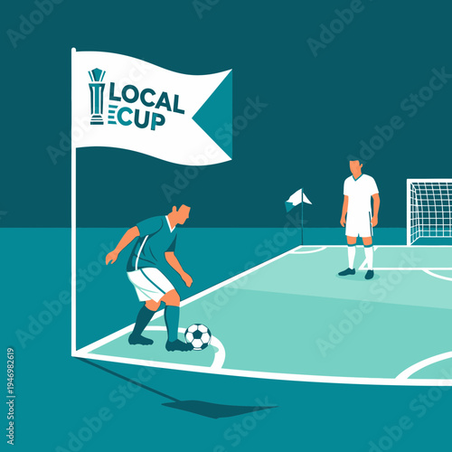 Illustrated Soccer Match Depicting Local Tournament With Players And Stadium View