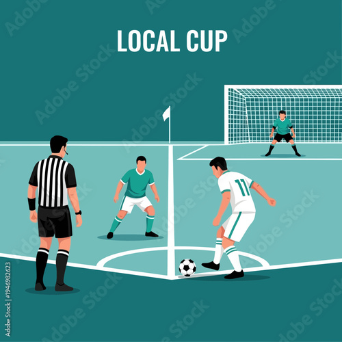 Illustrated Soccer Match Depicting Players, Referee, and Corner Kick in a Dynamic Sports Scene