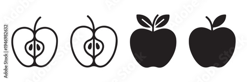 Apple icon set. apple fruit slice and whole apple vector flat and line art collection isolated