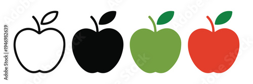Apple fruit icon set. outline, black, green and red apple vector icon collection for website or app