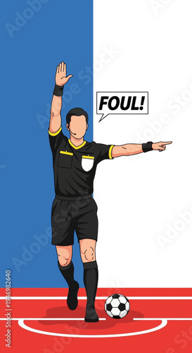 Illustrated Soccer Referee Signaling A Foul: Penalty Call During A High-Stakes Game