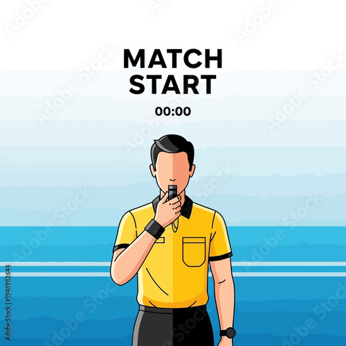 Illustrated Soccer Referee Signaling Start of Match with Whistle and Timer at 00:00