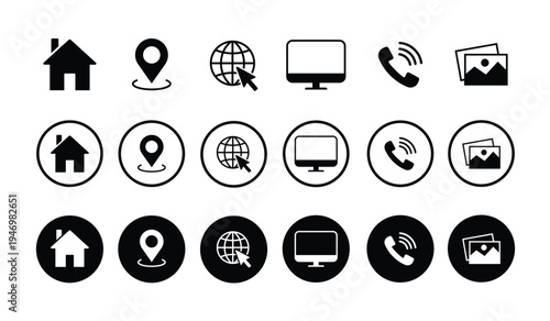 Universal contact and navigation icons: home, location pin, global web, computer, telephone, and images. Modern black and white silhouette symbols for corporate identity and web design.