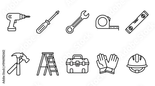 A clean outline set of construction and DIY tools including a drill, screwdriver, wrench, tape measure, level, hammer, ladder, toolbox, gloves, and hard hat.