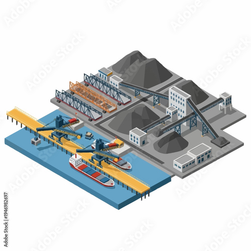 Isometric view of a large industrial port and coal processing plant.