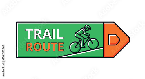 Illustrated Trail Route Sign Showing Bicyclist Symbol Pointing Direction to Path Adventure