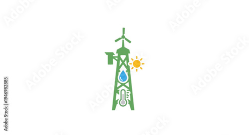 Green wind turbine with blue droplet.