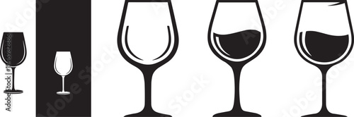 Minimalistic wine glass icon set black and white, vector file.