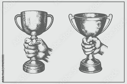 Trendy realistic Vintage Trophy Cup Award Sketch Collection illustration. engraving style Trophy. Eps 10
