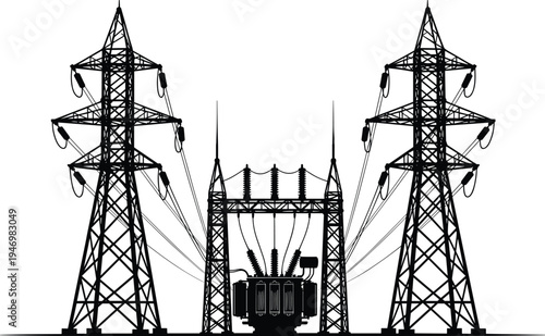 Electrical substation silhouette with transmission towers, high voltage power lines, energy infrastructure illustration, electricity distribution system vector, industrial utility grid design