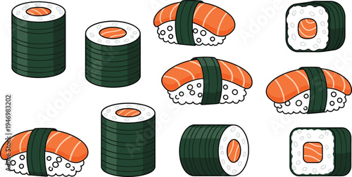 Salmon sushi and sushi roll vector set with Japanese food icons, traditional seafood nigiri and maki illustrations for restaurant menu, cuisine design, and food branding