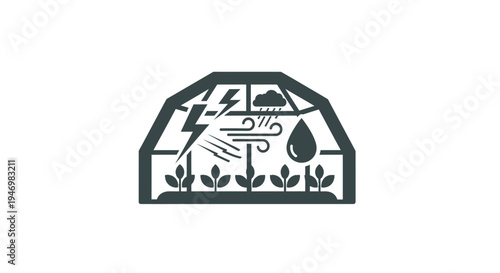 Greenhouse with plants and raindrop icon.