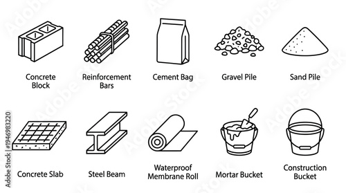 A clean line art illustration displays essential construction materials including concrete block, rebar, cement, gravel, sand, and tools like a mortar bucket and construction bucket.