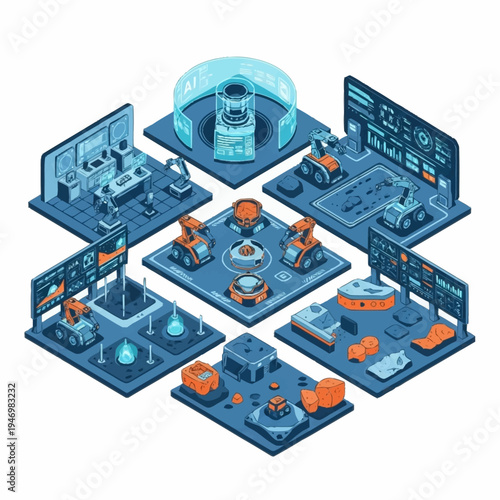 Isometric view of advanced technological and scientific research facilities with various components.