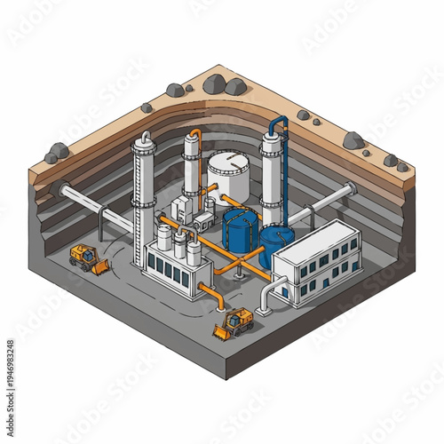 Isometric view of an underground industrial facility with pipes and tanks.